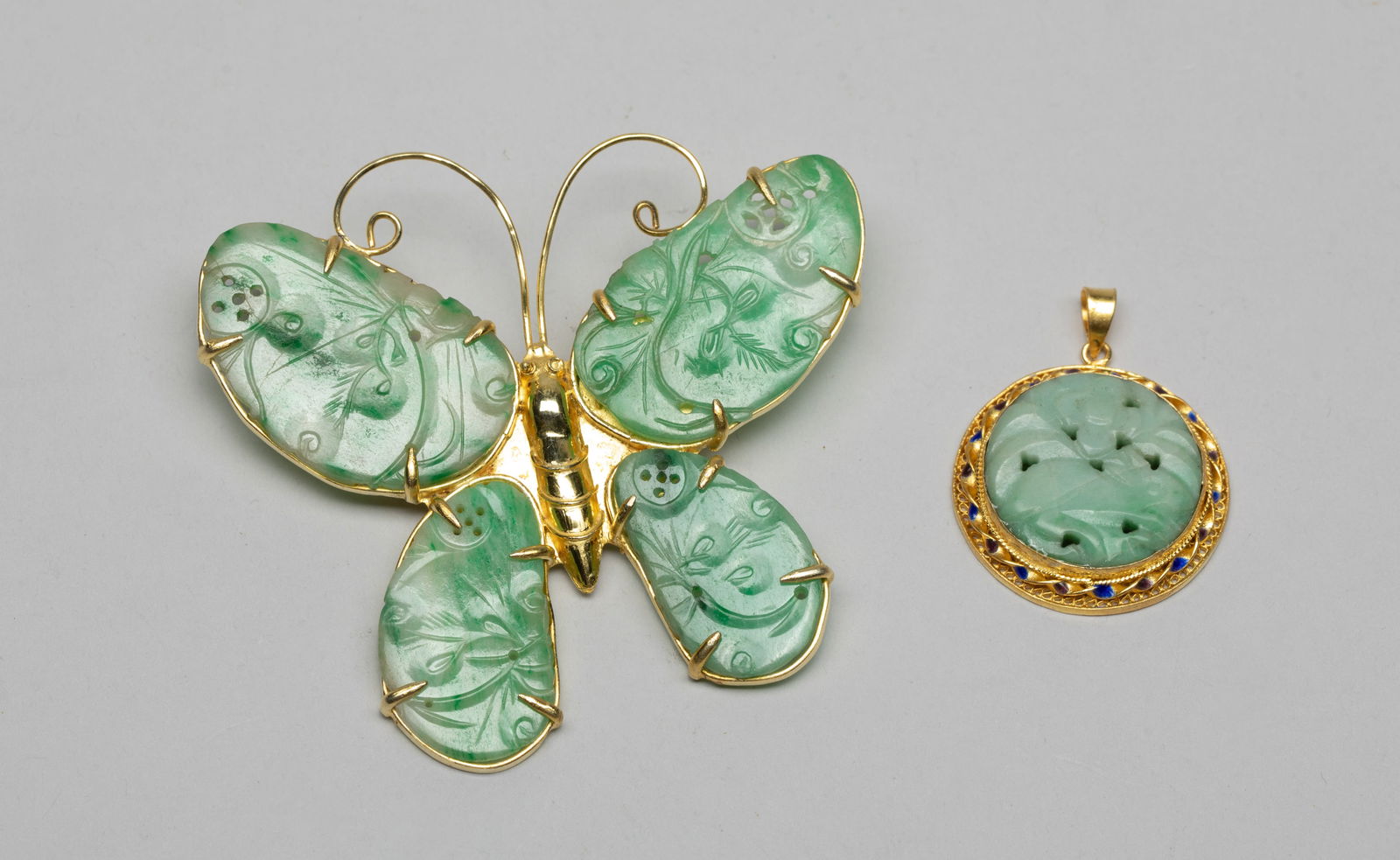 Chinese Gilt, Jade Jadeite Brooch & Pendant (1 of 14)