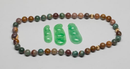 Chinese Jade Pendants, Stone Necklace, Gold Beads