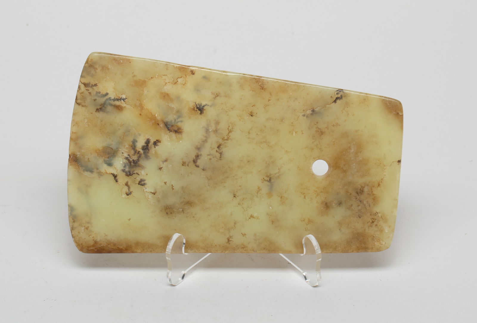 Chinese Jade/ Hard Stone Axe: Chinese russet jade / hard stone carved axe, pierced with an aperture. Approx. 6.2*3.7 inch.