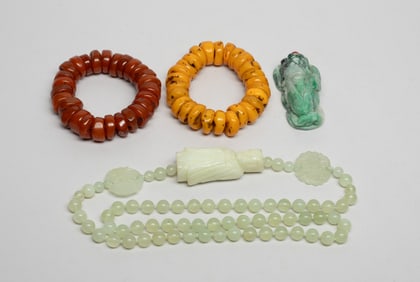 Set Chinese Jade/ Stone Pieces, Amber Colore Beads