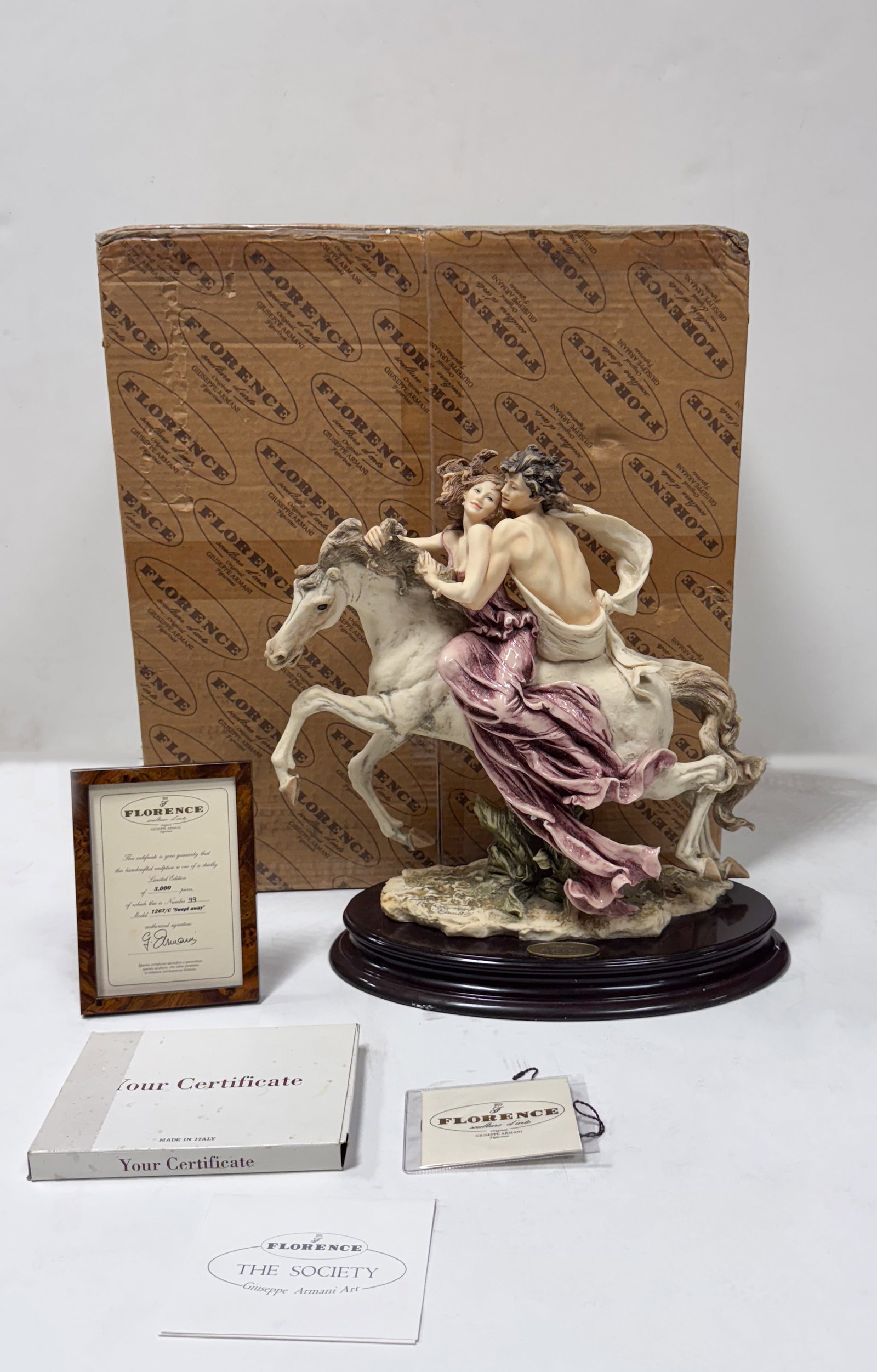 Estate Vintage Italian Florence Sculpture: Vintage Italian Giuseppe Armani Florence sculpture, the certificate shows Number 99 Model 1267/C Swept Away, with original box, chips on horse ear. Approx. 15.7*15.2*8 inch (w/o box).