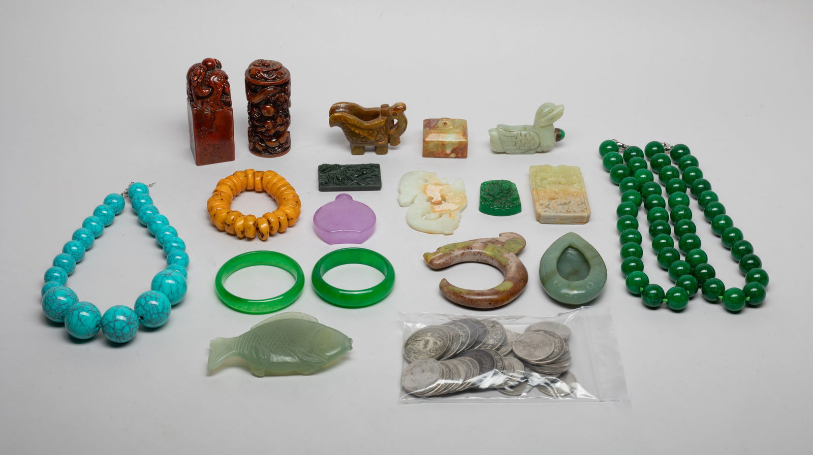 Chinese Fengshui Coins, Decors: Including Chinese Fengshui coins, bead necklaces, stone / glass carvings, snuff bottles and bangles. Size varies.
