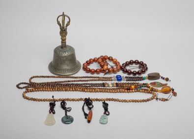 Chinese Prayer Beads Necklace, Bell, Gemstones