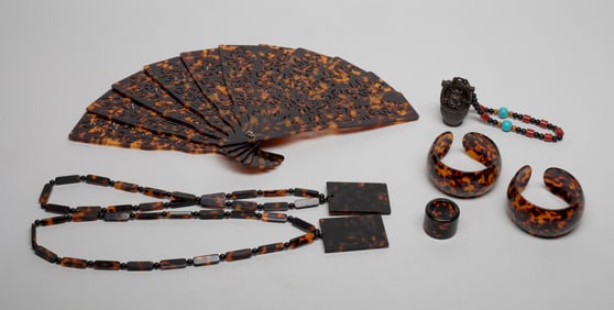 Estate Set Chinese Export Fan, Bangles, Necklaces