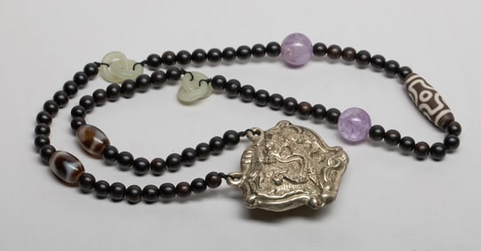 Chinese Export Jade, Dzi Beads, Agarwood Necklace