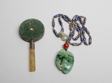 Chinese Jade Mirror, Pendant w/ Cloisonne Necklace