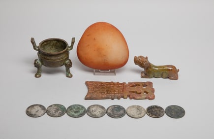 Chinese Bronze Censer Fengshui Coins & Stone