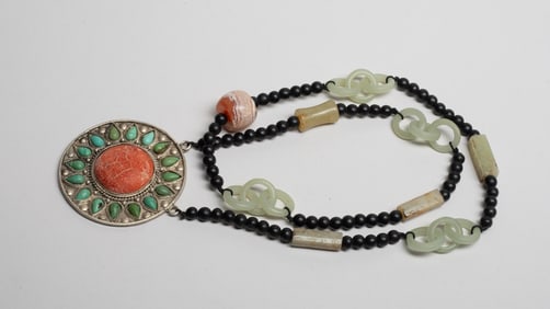 Chinese Export Agarwood, Jade, Stone Necklace