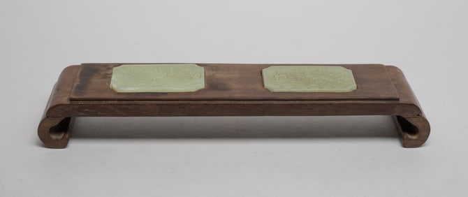 Chinese Export Wood Stand Inlaid Jade