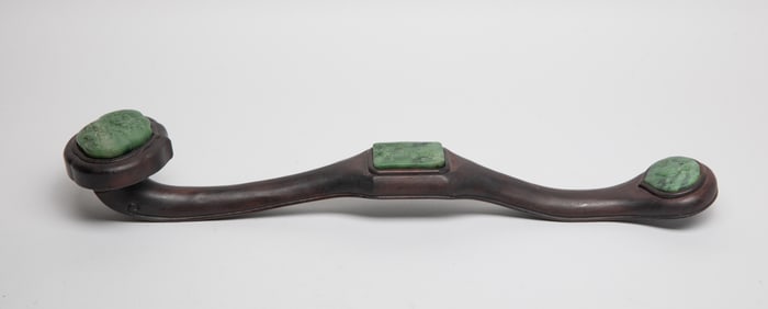 Chinese Hard Wood & Spinach Jade Sculpture of Ruyi