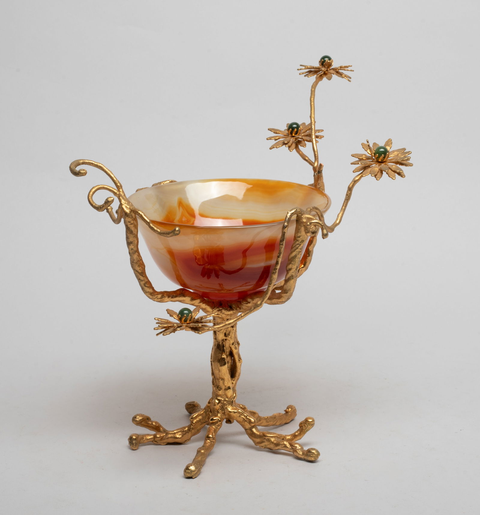 Rare Chinese Export Cameo Agate Bowl: Collectible Chinese cameo agate bowl, the surface well smoothed and polished, with a stand moulded as a flower tree inset with stone. Approx. 4.75*2.15 inch (bowl size). The Estate of the Store Closed