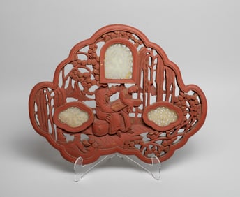 Chinese Wood Hanging Plaque Inlaid Jade