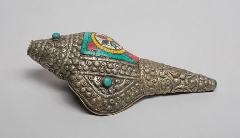 Chinese/ Tibetan Shell Horn Inlaid Gemstone