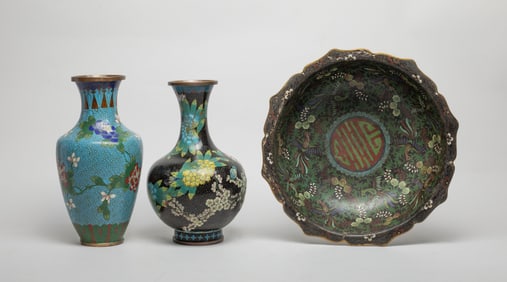 Three Chinese Antique Cloisonne Vases & Large Bowl