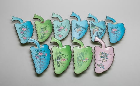 Large Set Chinese Enameled on Brass Leaf Plates