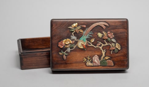 Chinese Wood Jewelry Box Inlaid Gemstone