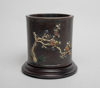 Chinese Wood Brush Pot Inlaid Gemstone