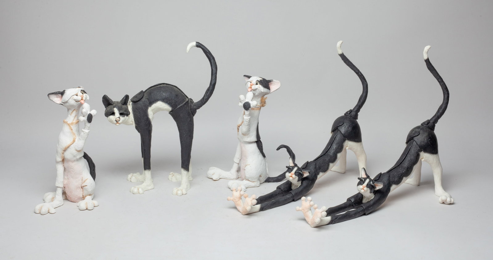 Vintage Studio Art Cat Sculptures: Set of five studio art room decor cat sculptures. Size varies.