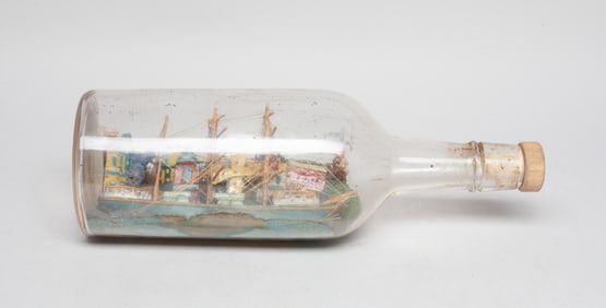 Handmade Whimsical Folk Art Wood in Glass Bottle