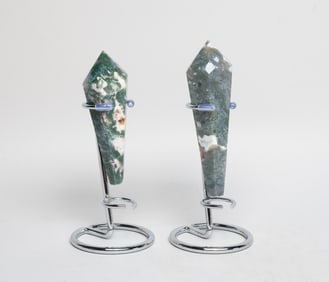 Two Collectible Moss Agate Point Sculptures