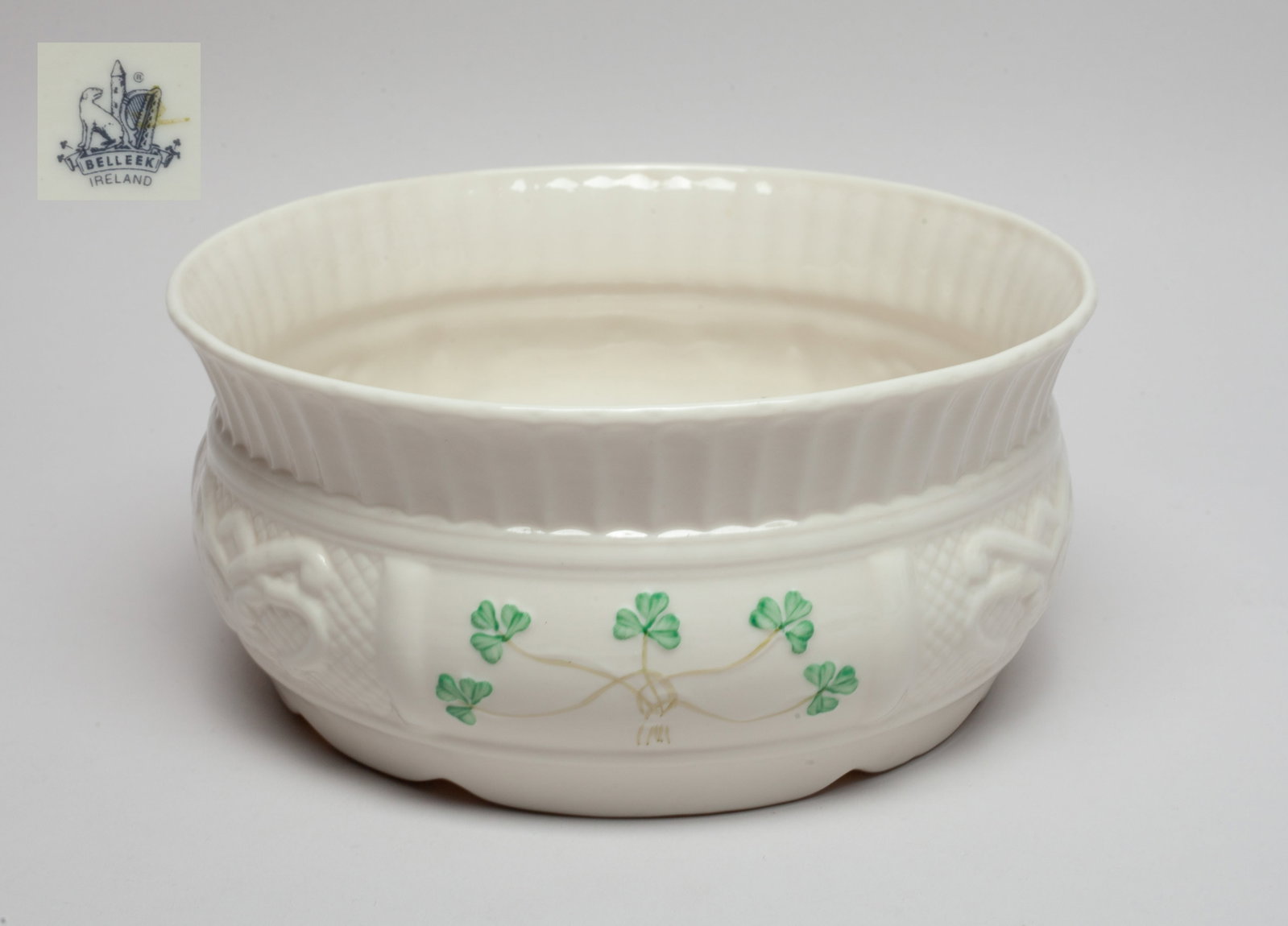 Vintage Large Belleek Porcelain Bowl: Vintage porcelain centerpiece bowl, painted with clover, the bottom marked BELLEEK IRELAND. Approx. 7.9*3.6 inch.