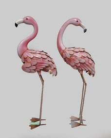 Two Tall Painted Metal Flamingo Sculptures