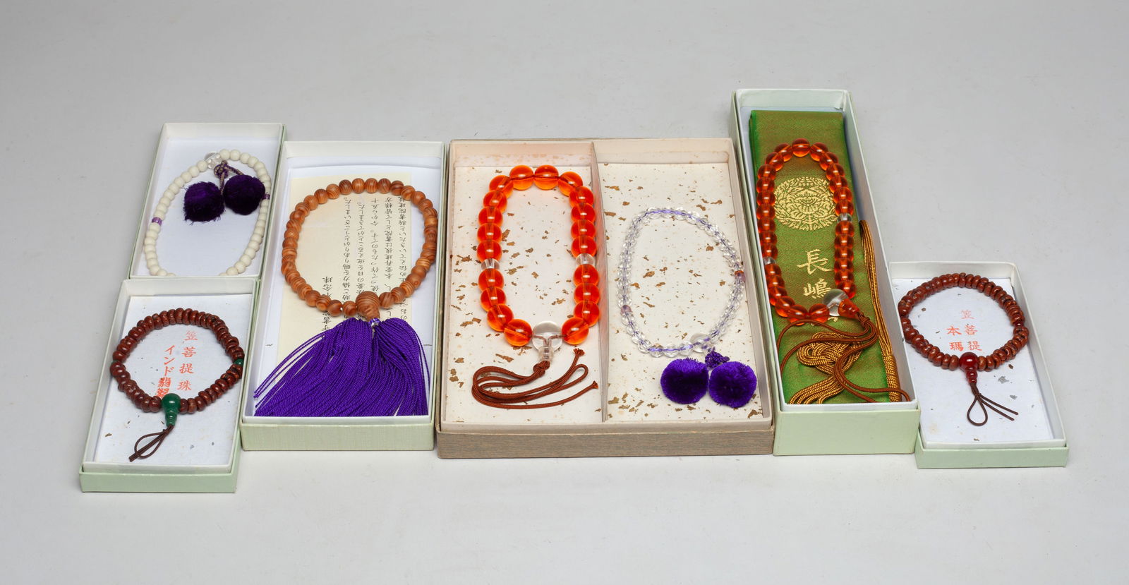 Vintage Japanese Temple Prayer Beads: Collection of Japanese temple prayer beads, with cases. Size varies.