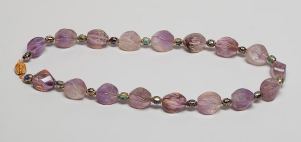 Vintage Chinese Cut Amethyst, Cloisonne Necklace