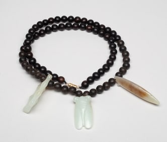 Estate Chinese Export Agarwood, Jade Necklace