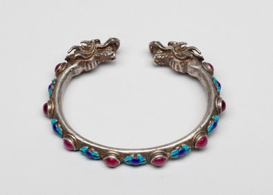 Chinese Enameled on Silver Color Bangle