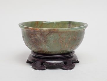 Estate Chinese Spinach Jade Bowl on Stand
