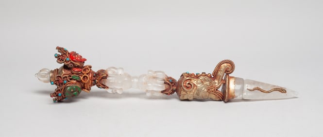 Rare Chinese Long Rock Crystal, Bronze Vajra