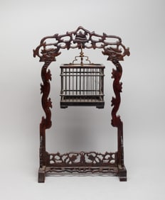 Estate Chinese Wood Bird Cage w/ Stand