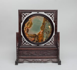 Estate Chinese Wood Table Screen Inlaid Stone