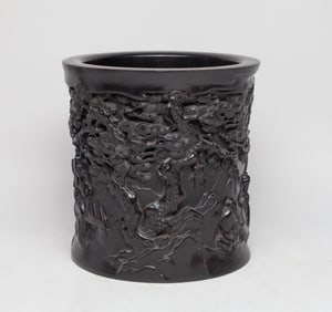 Large Chinese Carved Hard Wood Brush Pot