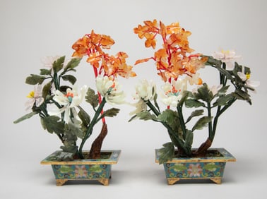 Pair Chinese Jade, Gemstone, Cloisonne Bonsai