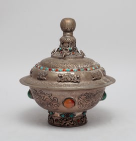 Chinese Silver Plated Bowl Inlaid Gemstone