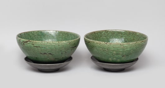 Two Chinese Flambe Glazed Porcelain Tea Bowls
