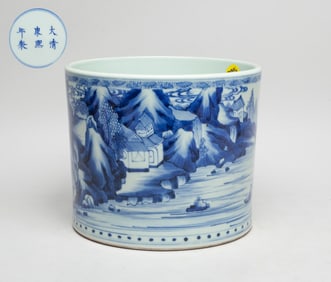 Large Chinese Blue & White Porcelain Brush Pot