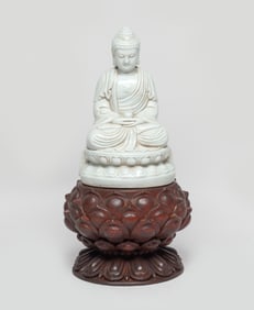 Chinese Blanc De Porcelain Buddha on Wood