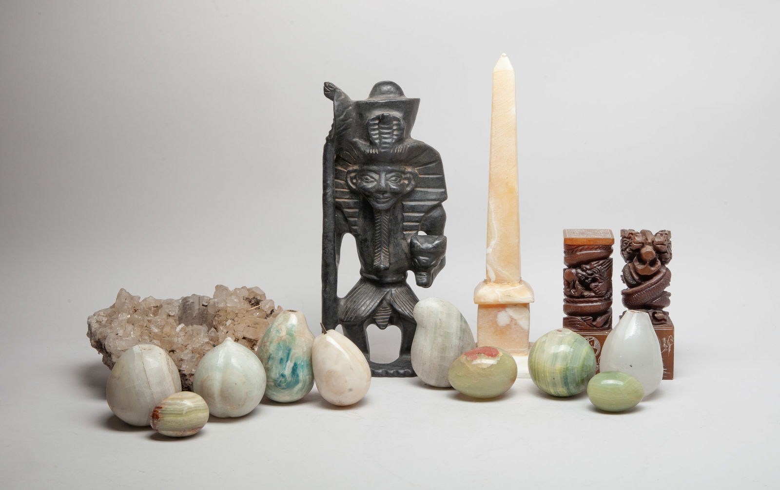 Set Chinese Export Stones, Marbles: Collection of Chinese stone and marble carved fruit sculptures, dragon sculptures, a figurine, a pagoda, and a cluster crystal sculpture. Approx. 12*5*2.2 inch (figurine size).