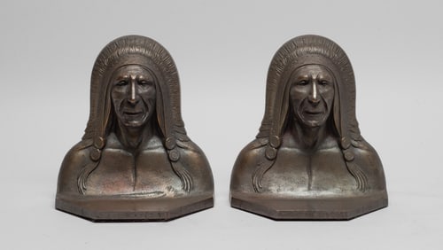 Two Antique Bronze Bookends of Indian Head, 1920s