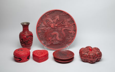 Large Set Chinese Cinnabar Like Pieces