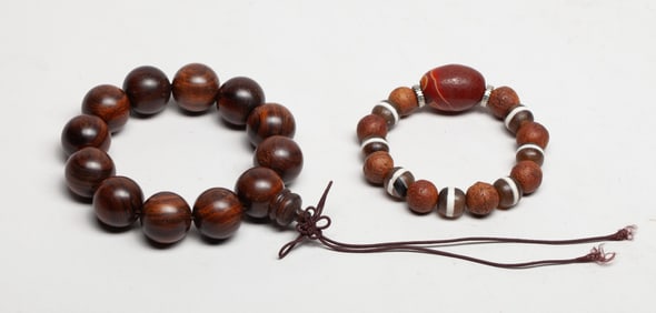 Chinese Seed Wood Cameo Agate Prayer Beads