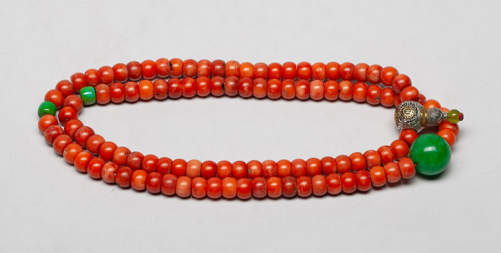 Collectible Chinese Export Necklace: Long Chinese red colored and green colored bead necklace. Approx. 27 inch L.