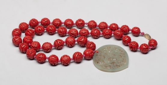 Chinese Export Cinnabar Necklace w/ Jade Pendant