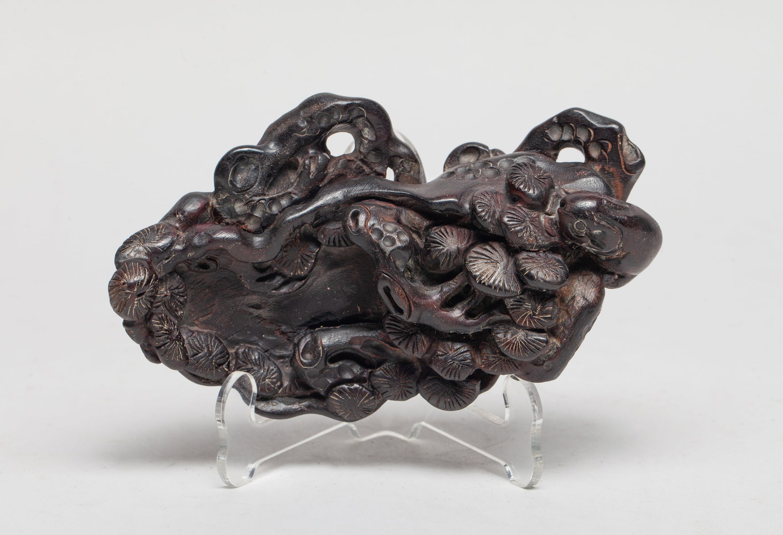 Chinese Export Carved Piece: Carved as a shallow section of pine with small leafy branches in relief around the exterior, a squirrel clambering around the edge. Approx. 5*3*1.6 inch.