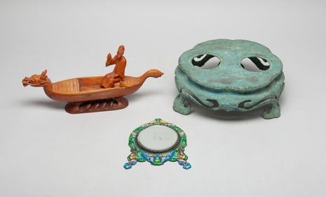 Chinese Bronze Base, Wood Sculpture, Mirror
