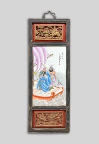 Old Chinese Wood Hanging Plaque Inlaid Porcelain