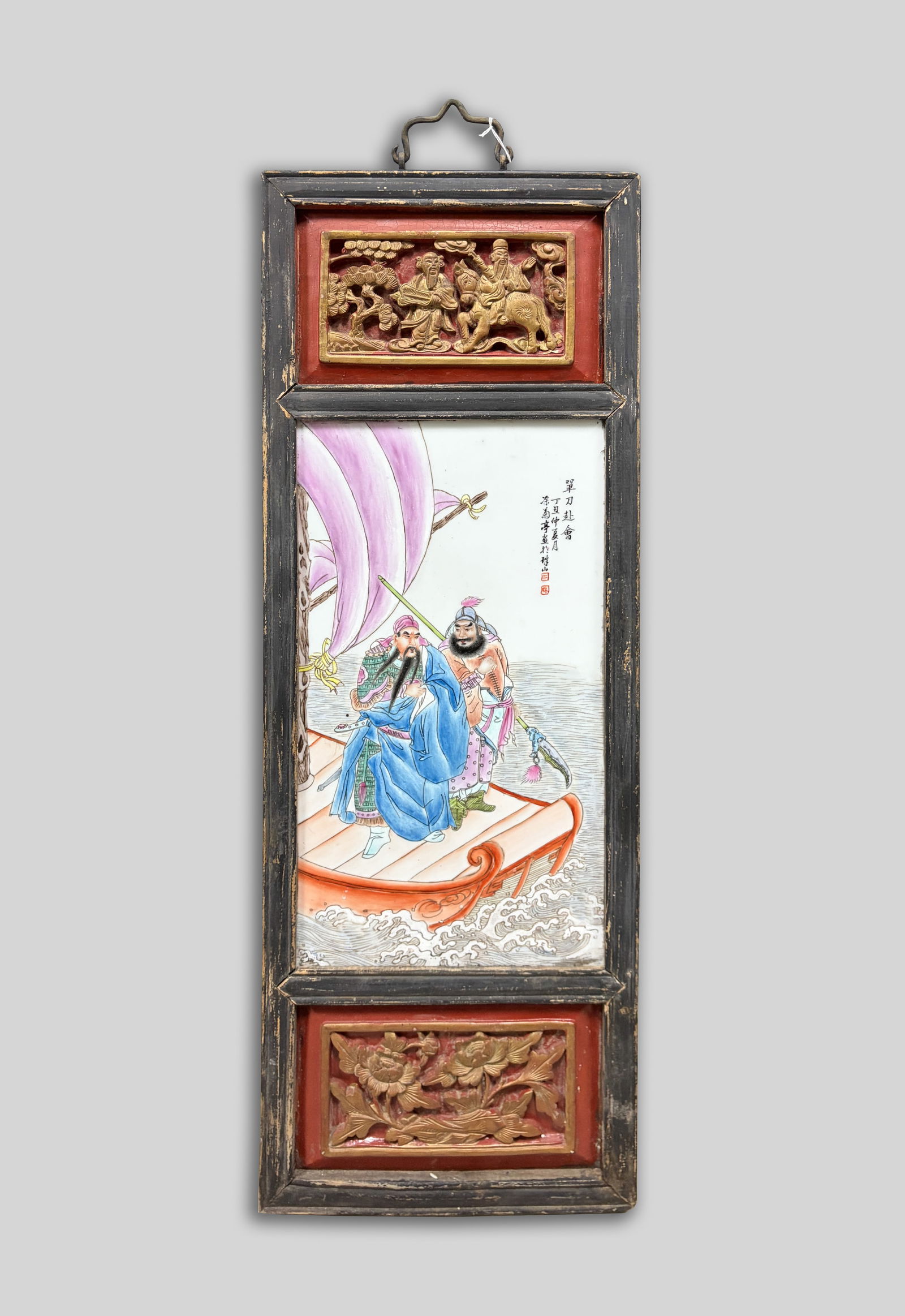 Old Chinese Wood Hanging Plaque Inlaid Porcelain (1 of 12)